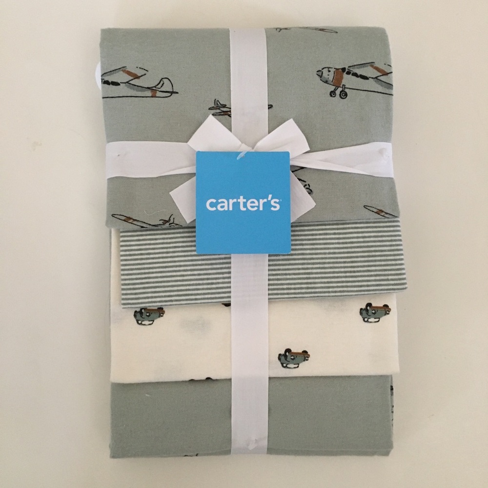 NEW Carter’s 4 pk Baby Receiving Blankets Cotton Solid Stripes Planes Cars Theme
